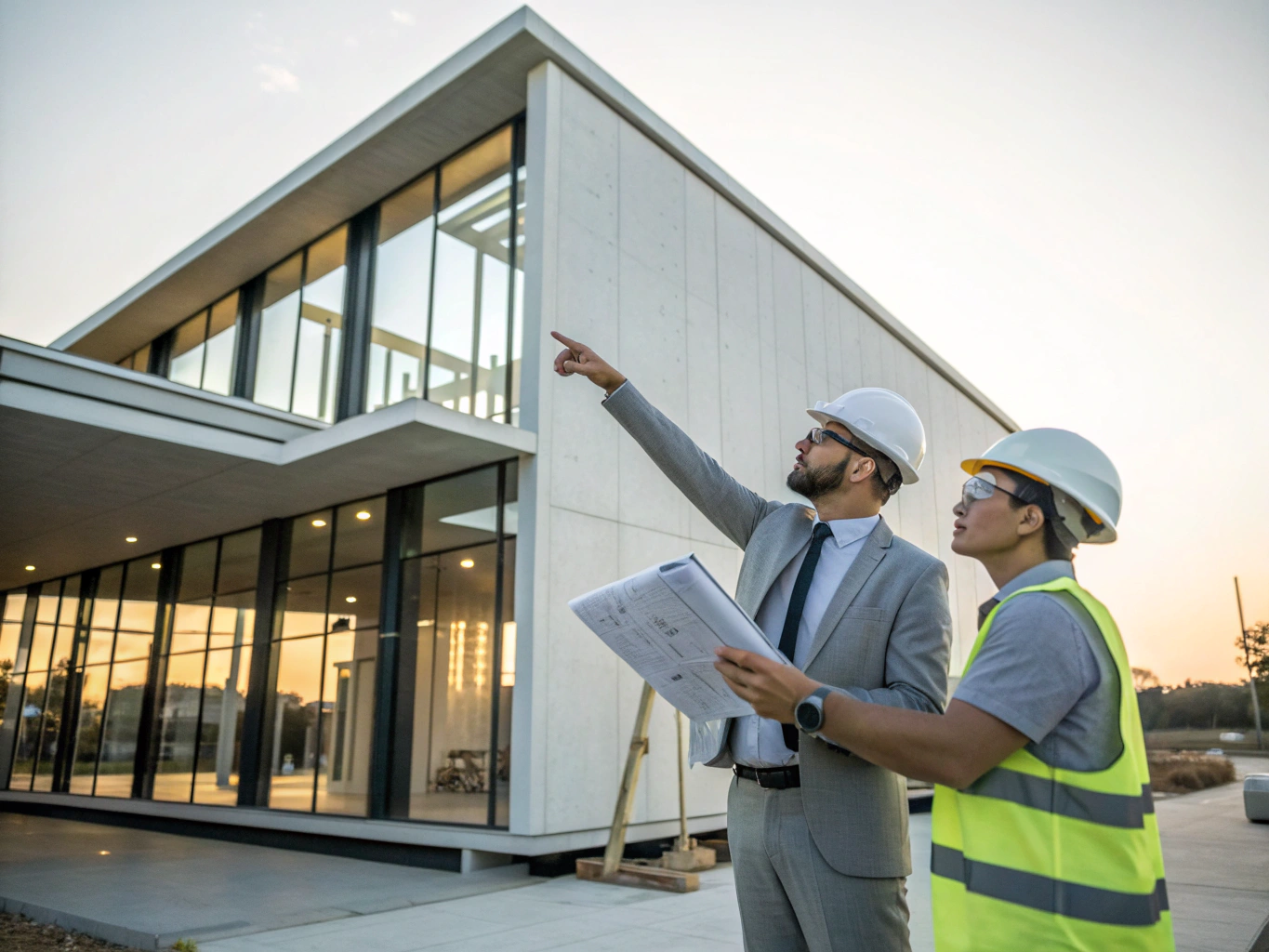 Architect and principal contractor reviewing technical drawings on a London residential site