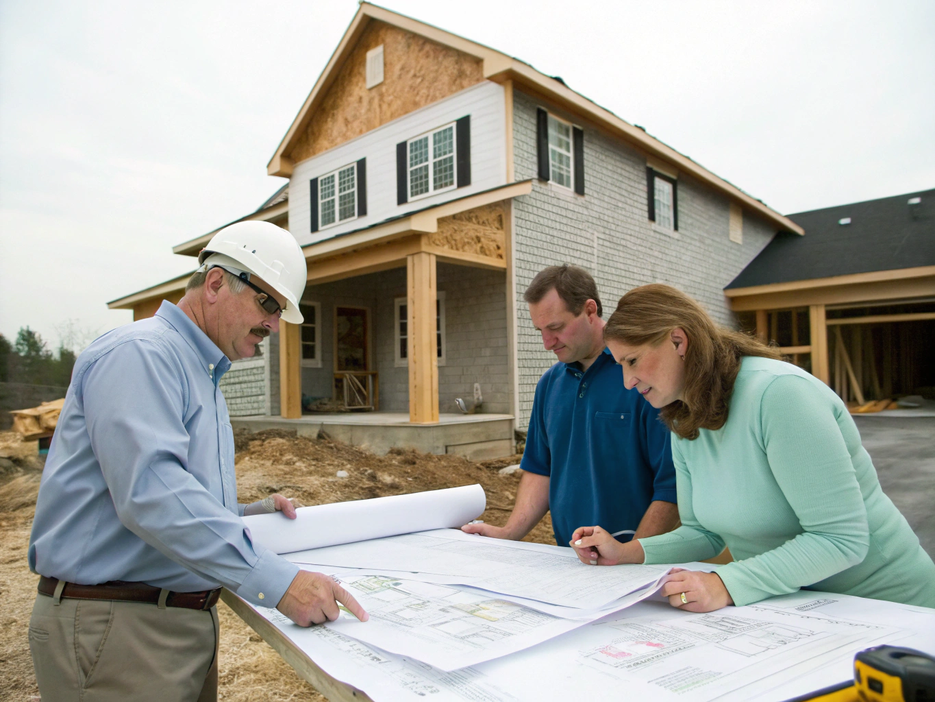 Architect and principal contractor reviewing technical drawings on a London residential site