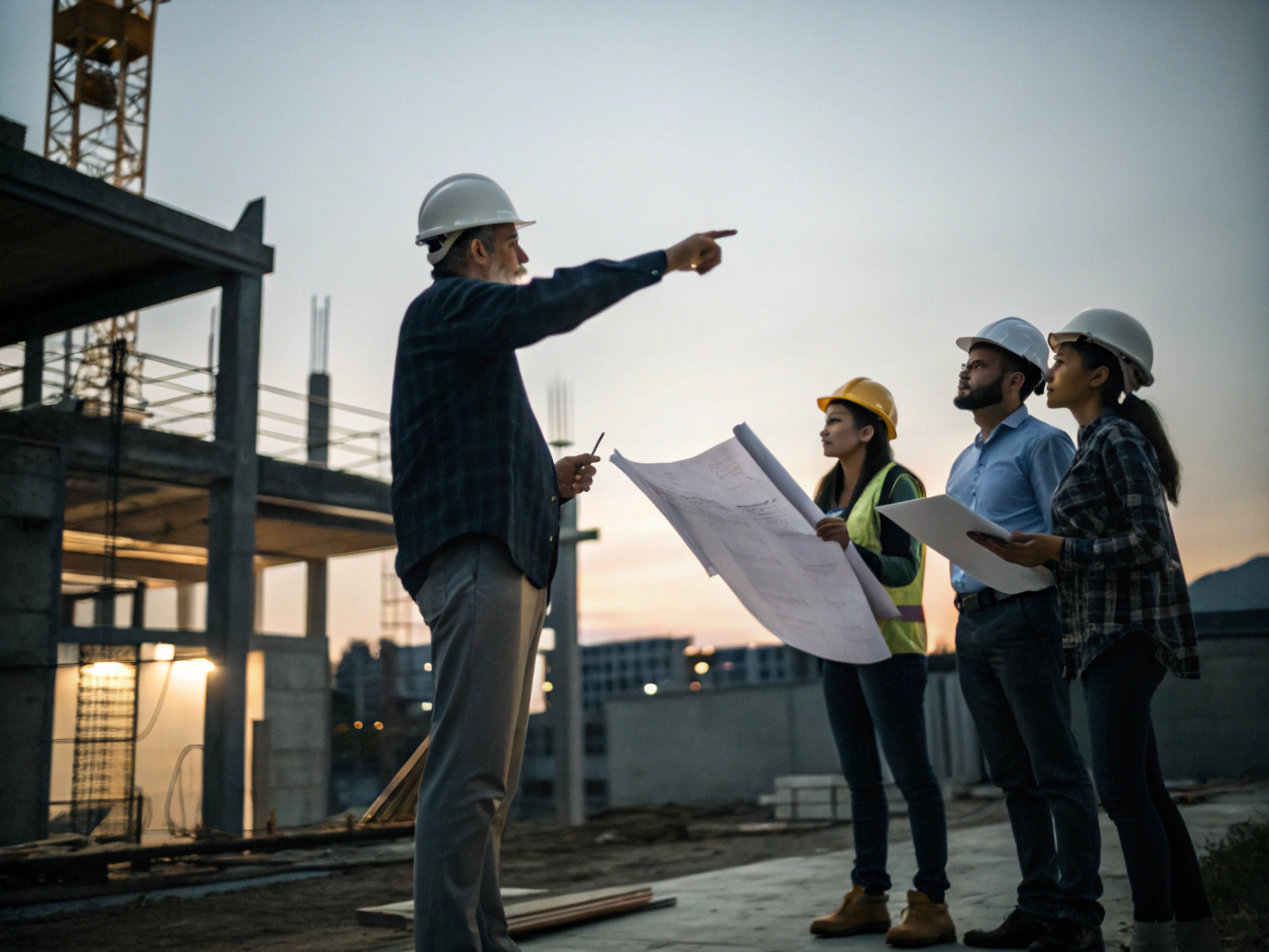 Gavett structural engineers and site team reviewing residential blueprints on a London project