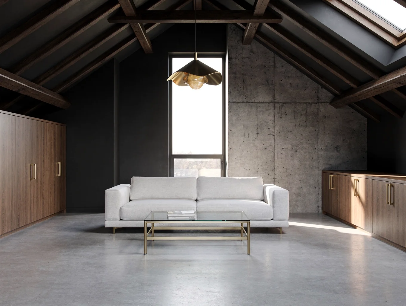 Completed London loft conversion with exposed timber beams and architectural roof glazing