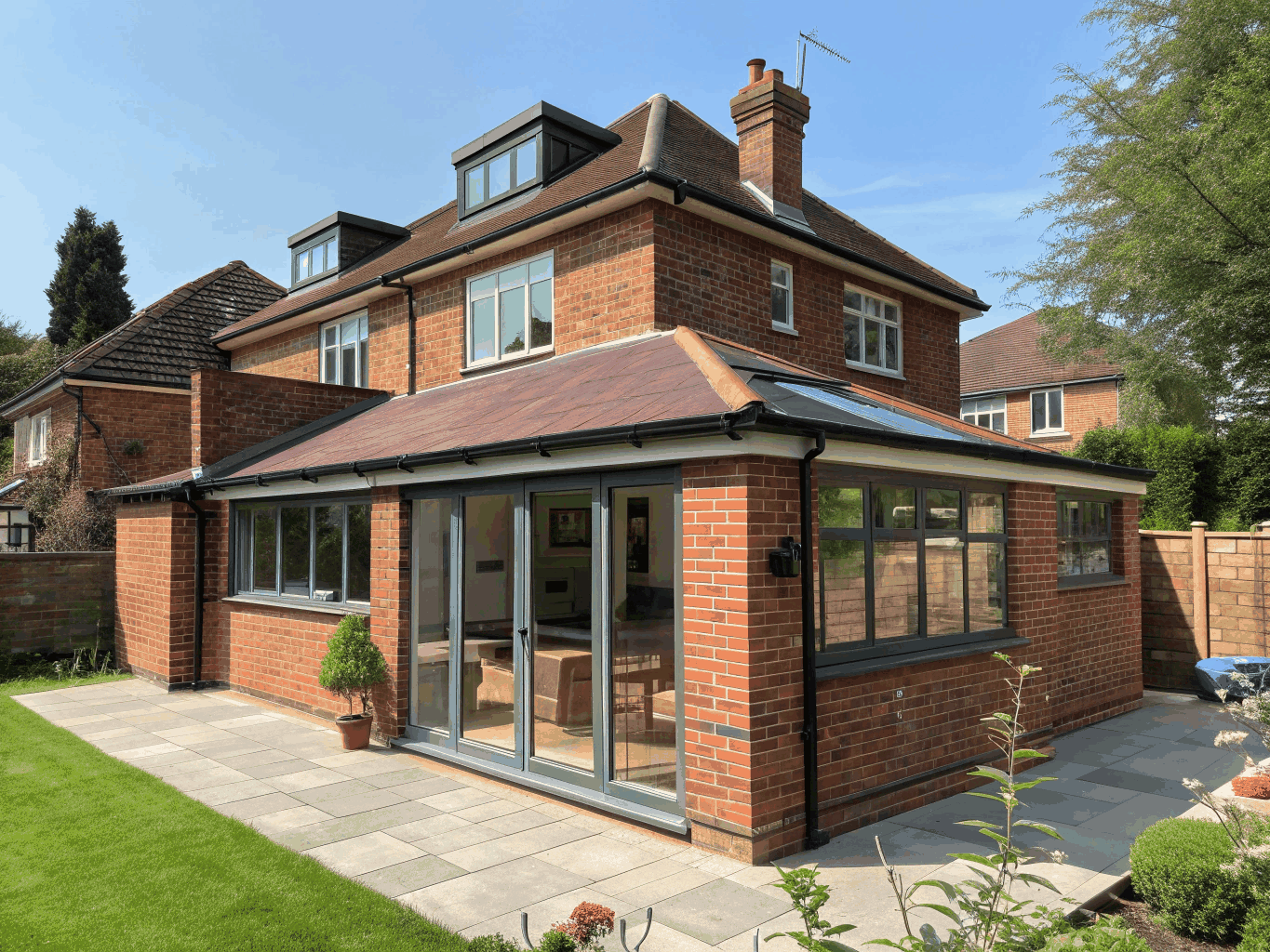 Completed London residential rear extension with matching stock brickwork and minimal frame glazing