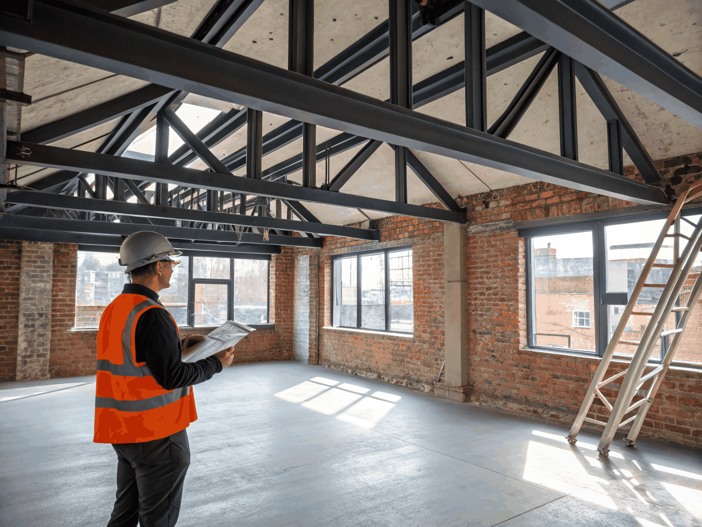 London residential building site during structural steel installation and masonry alterations