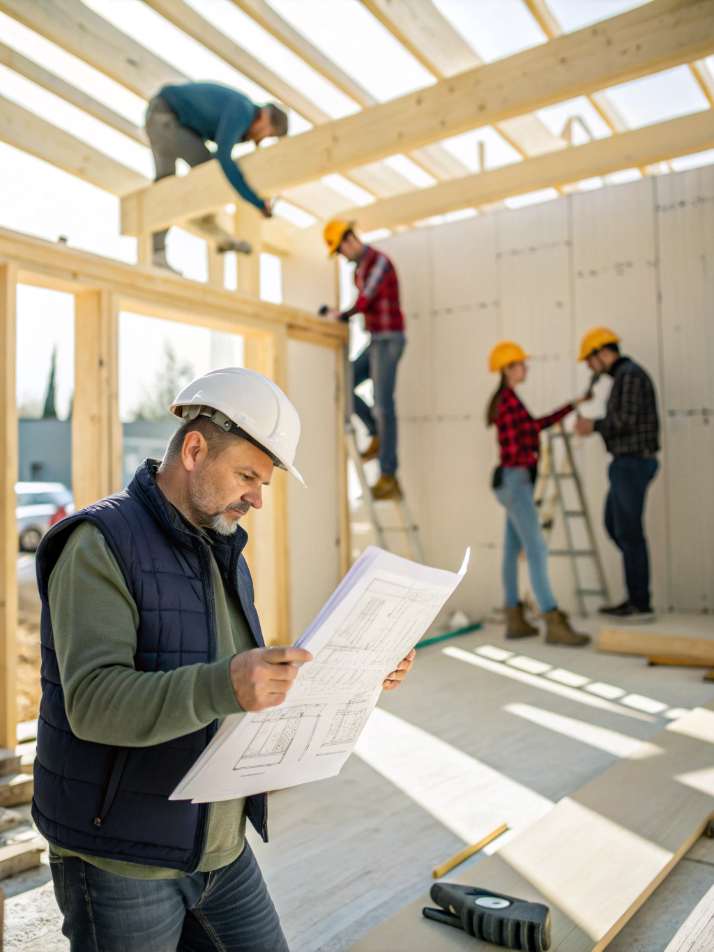 Site manager and foreman reviewing architectural plans inside a London residential renovation